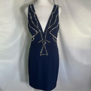 Bariano Australia Deep Plunge Cocktail‎ Dress Navy/Silver Glittery Sparkly 8